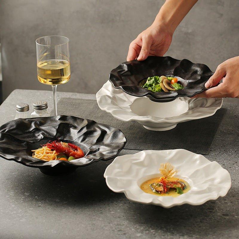Ceramic Plates Set of 2 – Crumble Design Handcrafted Salad Serving Plates Black & White