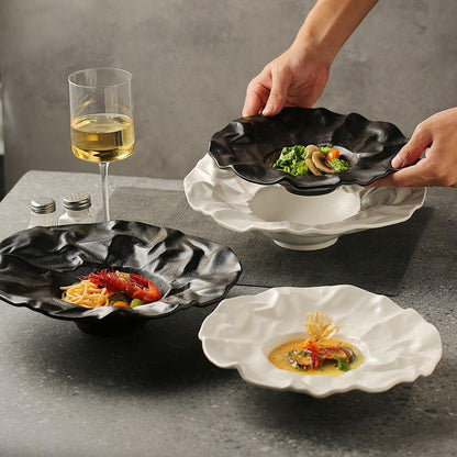 Ceramic Plates Set of 2 – Crumble Design Handcrafted Salad Serving Plates Black & White