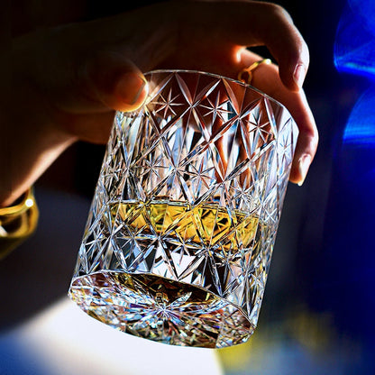 Whiskey Glass Edo Kiriko Celestial – Hand-Cut Floral Japanese Tumbler with Wooden Box | 4 Colors