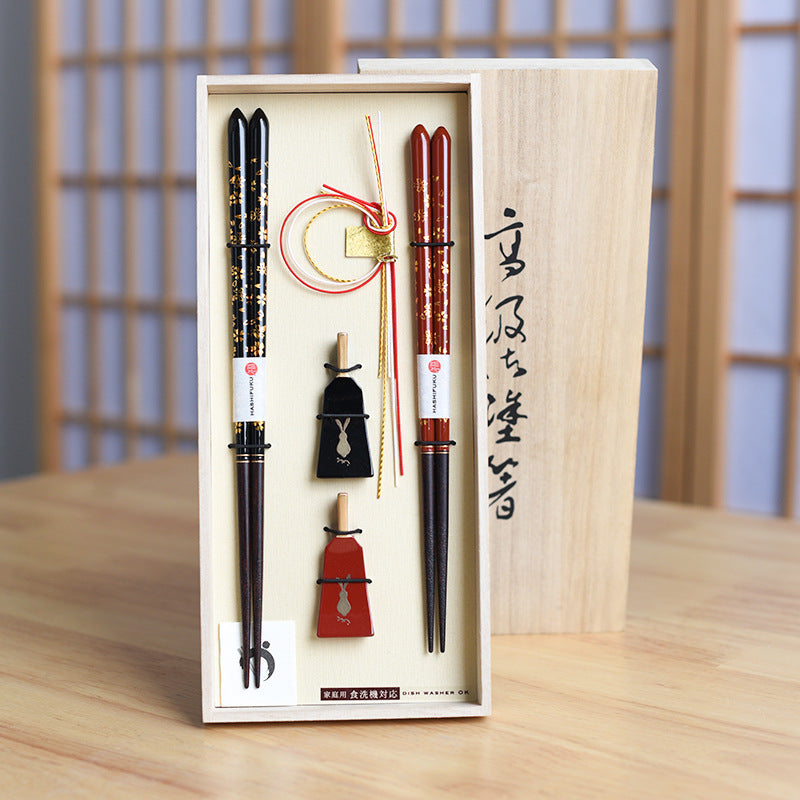 Wooden Chopsticks Gift Set Golden Sakura Japanese Handcrafted Wedding Gift with Chopstick Rests