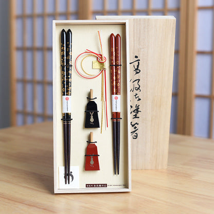 Wooden Chopsticks Gift Set Golden Sakura Japanese Handcrafted Wedding Gift with Chopstick Rests
