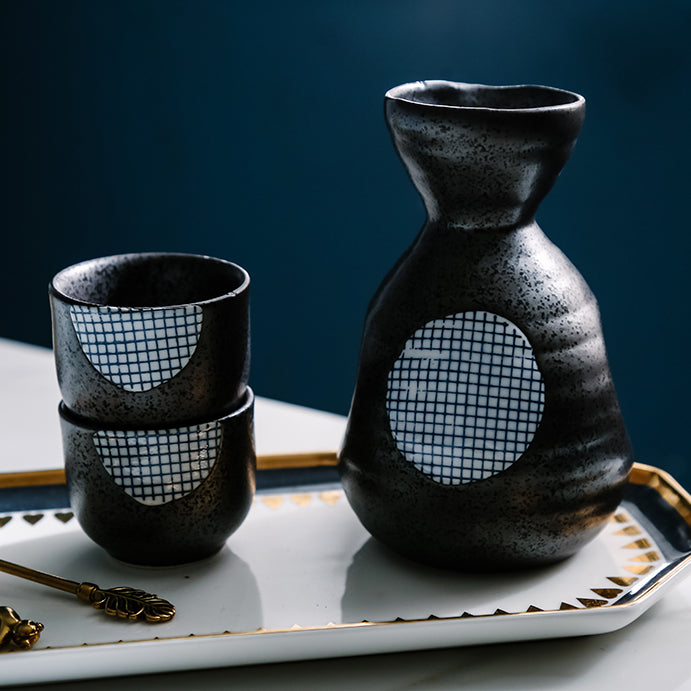 Japanese Sake Set – Sakura Ceramic 1 Flagon 4 Cups Blue Black