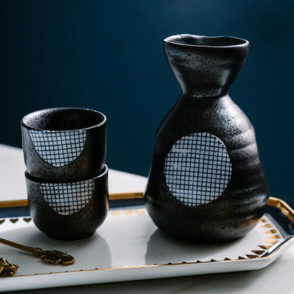 Japanese Sake Set – Sakura Ceramic 1 Flagon 4 Cups Blue Black