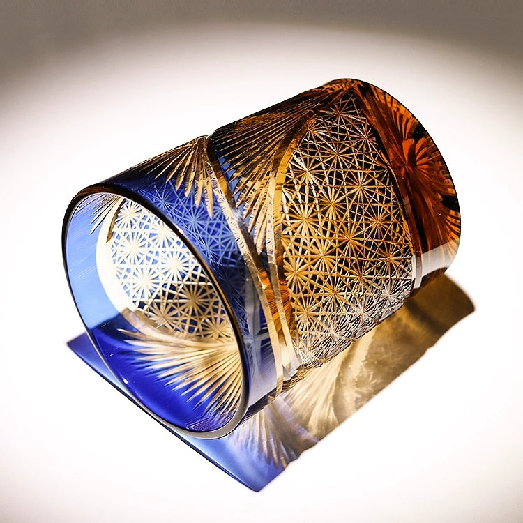 Whiskey Glass Edo Kiriko Crane Feather – Hand-Cut Japanese Tumbler with Wooden Box | 5 Amber Colors