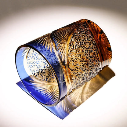 Whiskey Glass Edo Kiriko Crane Feather – Hand-Cut Japanese Tumbler with Wooden Box | 5 Amber Colors