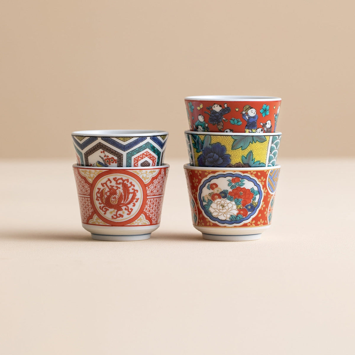 Japanese Tea Cup Set of 5 – Kutaniyaki Vintage Hand-Painted