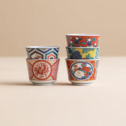 Japanese Tea Cup Set of 5 – Kutaniyaki Vintage Hand-Painted