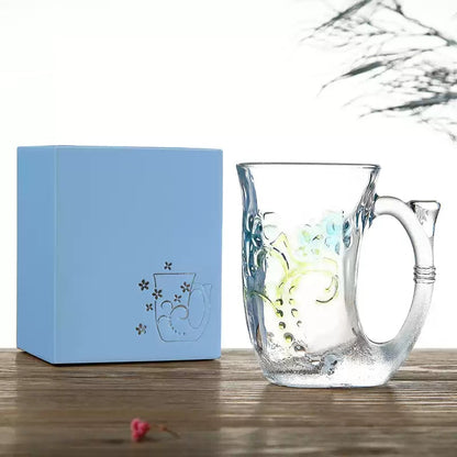 Glass Coffee Mug Set – Mermaid Tail Handle Floral Relief Drinkware