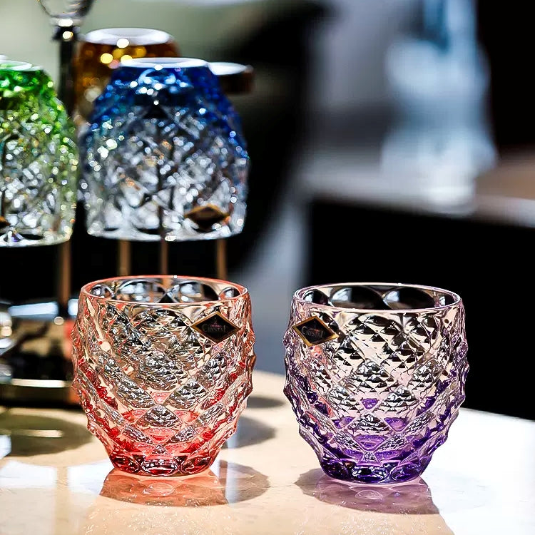 Whisky Glasses Set Bohemia Crystal Chroma Colored Faceted Czech Crystal Glass Set of 6 with Chrome Stand Bar Gift