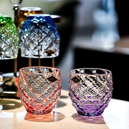 Whisky Glasses Set Bohemia Crystal Chroma Colored Faceted Czech Crystal Glass Set of 6 with Chrome Stand Bar Gift