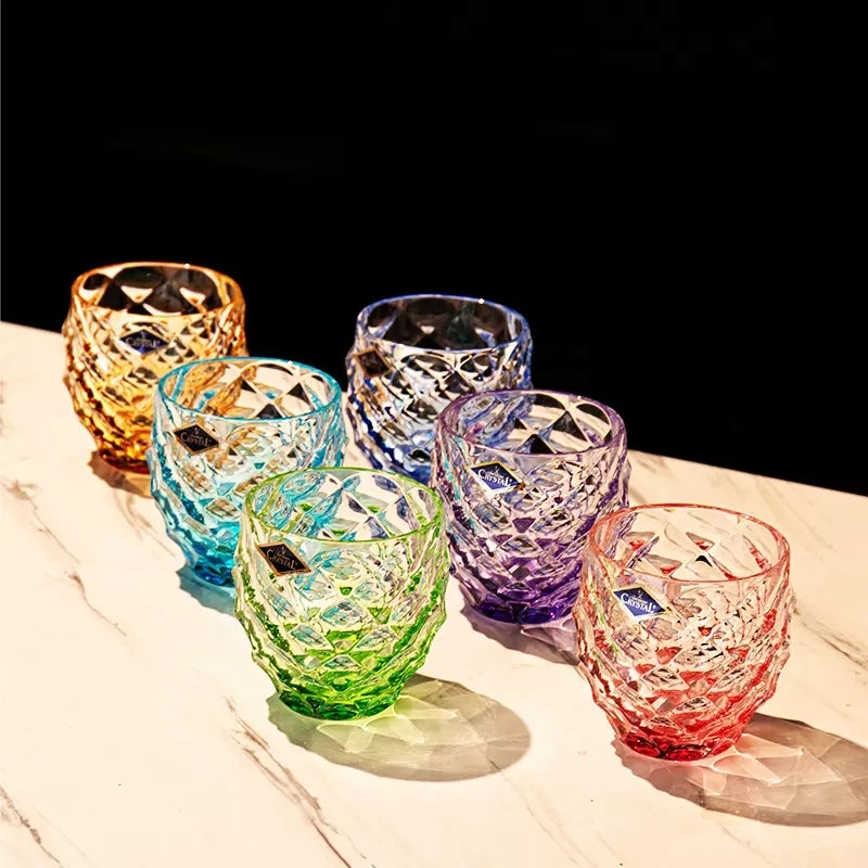 Whisky Glasses Set Bohemia Crystal Chroma Colored Faceted Czech Crystal Glass Set of 6 with Chrome Stand Bar Gift