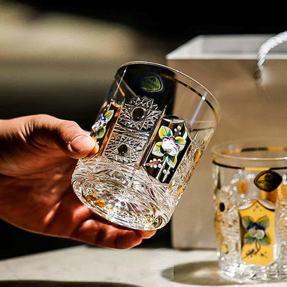 Whisky Glasses Bohemia Enchanted Blossom Cut Crystal Gold Enamel Floral Czech Crystal Whisky Glass Gift Set of 2