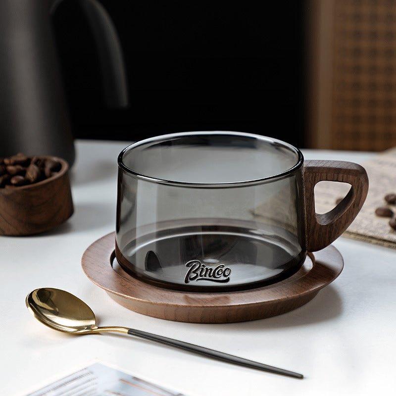 Glass Coffee Mug | Wood Handle Clear Glass Cup & Walnut Tray Set