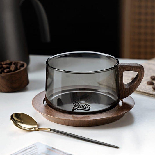 Glass Coffee Mug | Wood Handle Clear Glass Cup & Walnut Tray Set