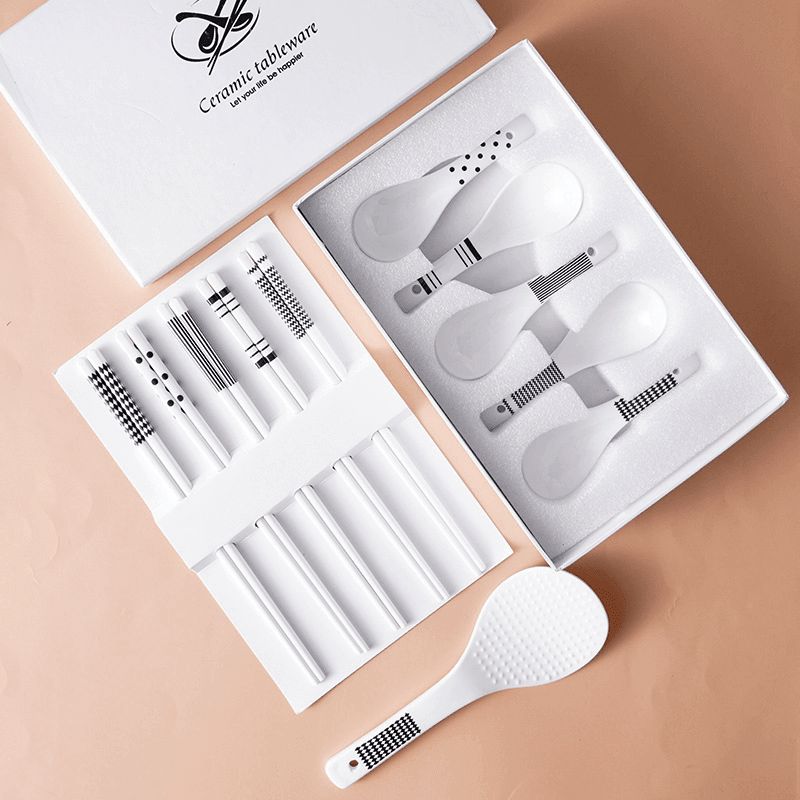Ceramic Chopsticks & Spoon Set of 5 with Rice Paddle Shamoji