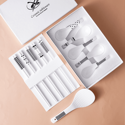 Ceramic Chopsticks & Spoon Set of 5 with Rice Paddle Shamoji