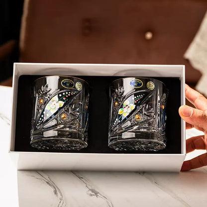 Whisky Glasses Bohemia Floral Enamel Crystal Hand-Painted Gold Gilt Czech Crystal Whisky Glass Gift Set of 2