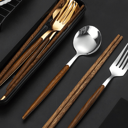 Chopsticks Fork Spoon Set | Stainless Steel & Wood Handle