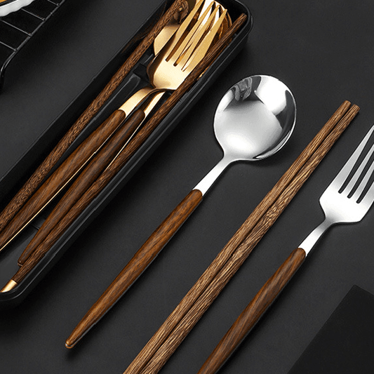 Chopsticks Fork Spoon Set | Stainless Steel & Wood Handle