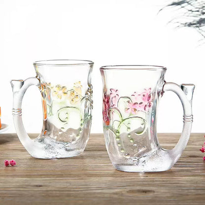 Glass Coffee Mug Set – Mermaid Tail Handle Floral Relief Drinkware