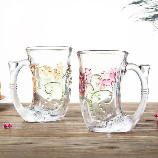 Glass Coffee Mug Set – Mermaid Tail Handle Floral Relief Drinkware