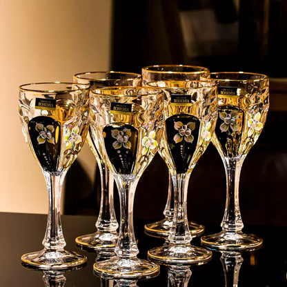 Wine Glass Decanter Set Bohemia Gold Enamel Floral Czech Crystal Wine Glass Decanter High Stem Gift Box