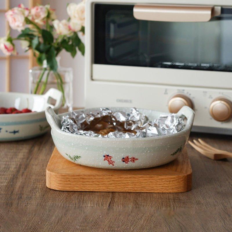 Ceramic Baking Plate Japanese Handcrafted Goldfish Design Oven Safe Serving and Decorative Plate