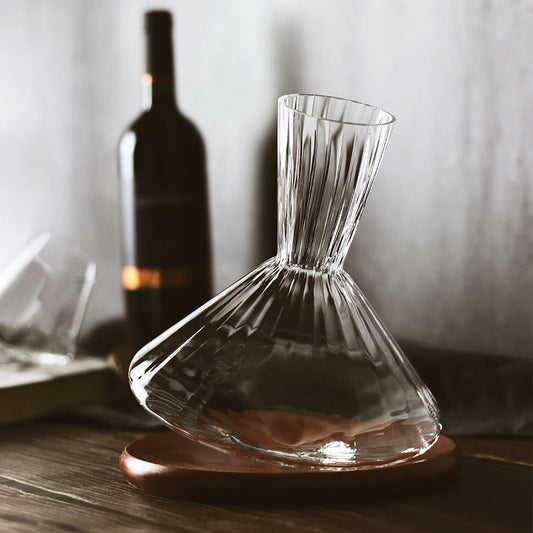 Wine Decanter with Wooden Base – Orbital Swirling Crystal Glass