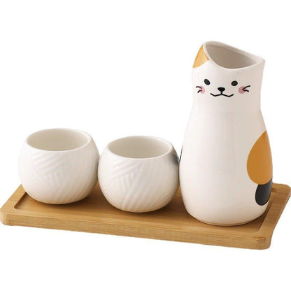 Ceramic Sake Set Kitten Japanese Handcrafted Flagon 2 Cups with Tray