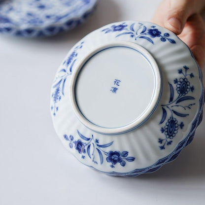 Blue and White Ceramic Bowl and Plate Japanese Handcrafted Traditional Nature Floral Design