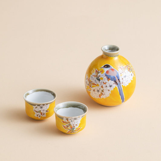 Japanese Sake Set – Kutaniyaki Yellow Sparrow Ceramic