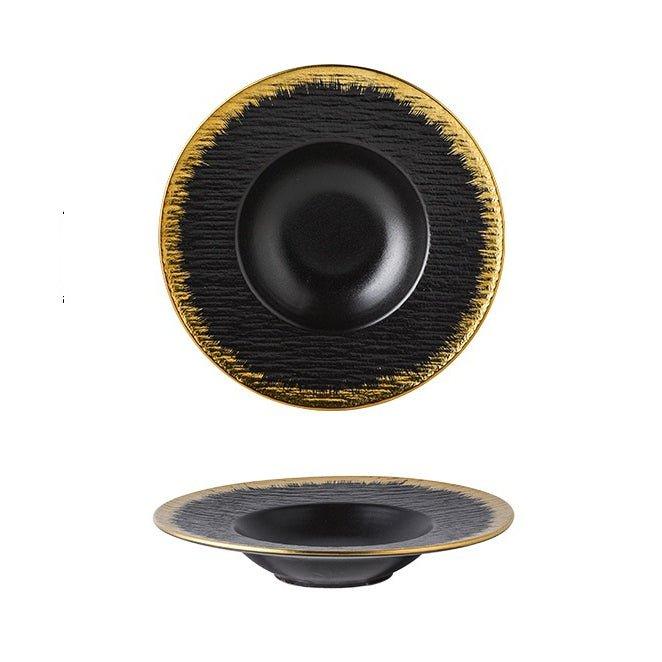 Ceramic Pasta Bowl Plate – Matte Finish Black White Gold Rim