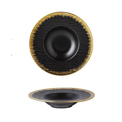 Ceramic Pasta Bowl Plate – Matte Finish Black White Gold Rim