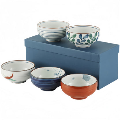 Bowl Set Arita Ware Shikayama Hand-Painted Japanese Ceramic Rice Bowl Set of 5 Wooden Box Made in Japan