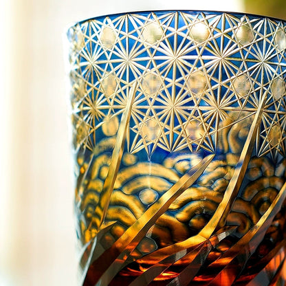 Whiskey Glass Edo Kiriko Blue Amber – Hand-Cut Japanese Tumbler with Wooden Box | Blue Chrysanthemum & Starry Sea