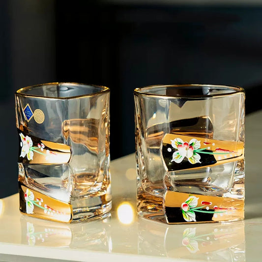 Whisky Decanter Set Bohemia Enamel Bloom Crystal Floral Gold Band Czech Crystal Whisky Glass Decanter Gift