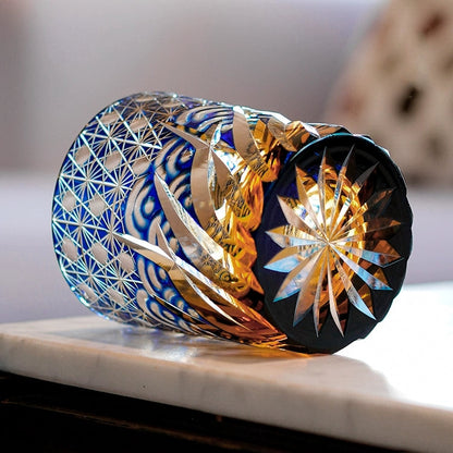 Whiskey Glass Edo Kiriko Blue Amber – Hand-Cut Japanese Tumbler with Wooden Box | Blue Chrysanthemum & Starry Sea