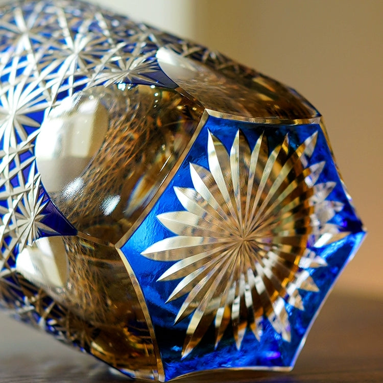 Whiskey Glass Edo Kiriko Blue Amber – Hand-Cut Japanese Tumbler with Wooden Box | Blue Chrysanthemum & Starry Sea