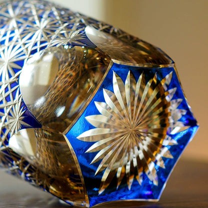 Whiskey Glass Edo Kiriko Blue Amber – Hand-Cut Japanese Tumbler with Wooden Box | Blue Chrysanthemum & Starry Sea