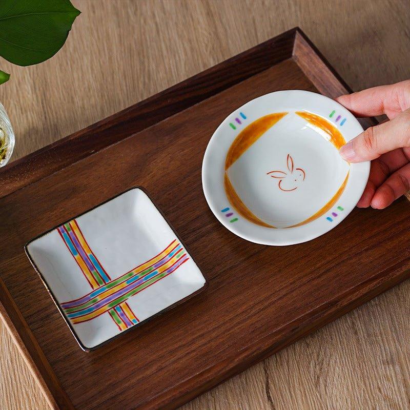 Ceramic Appetizer Plate Japanese Handcrafted Small Serving Plate Ribbons and Bunnies Design