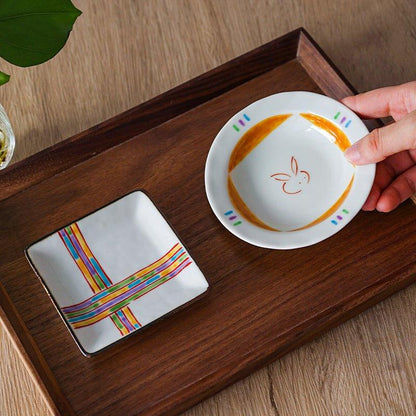 Ceramic Appetizer Plate Japanese Handcrafted Small Serving Plate Ribbons and Bunnies Design