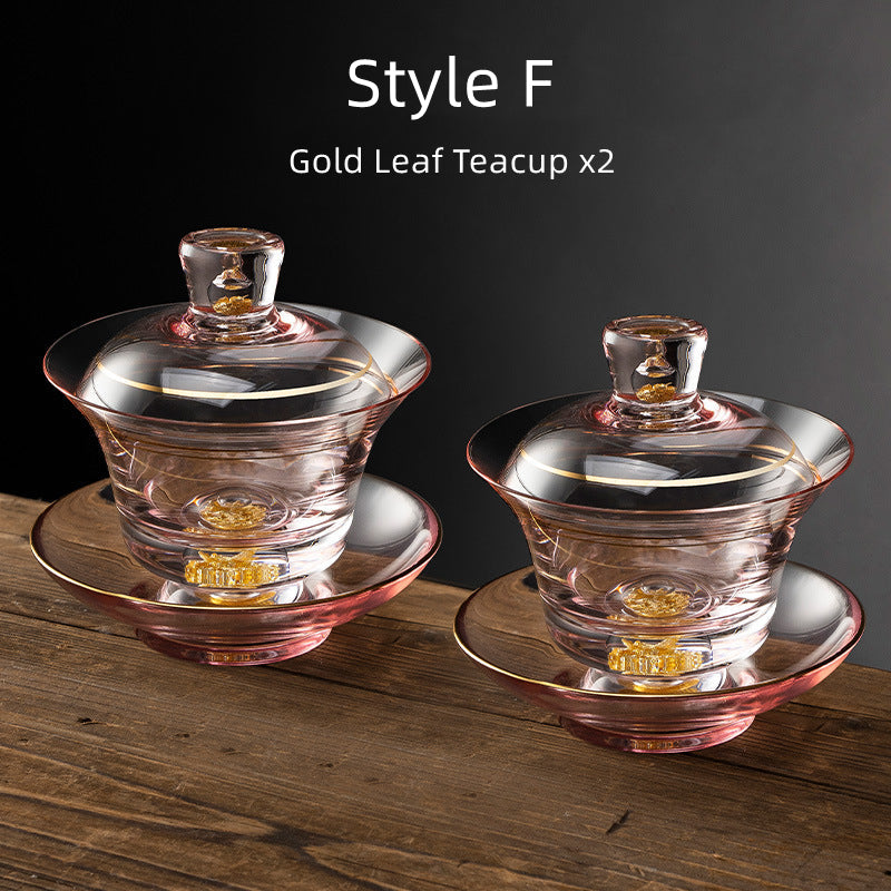 Tea Cups Set of 2 Gold Leaf Borosilicate Glass Gongfu Teacup