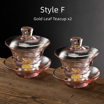 Tea Cups Set of 2 Gold Leaf Borosilicate Glass Gongfu Teacup