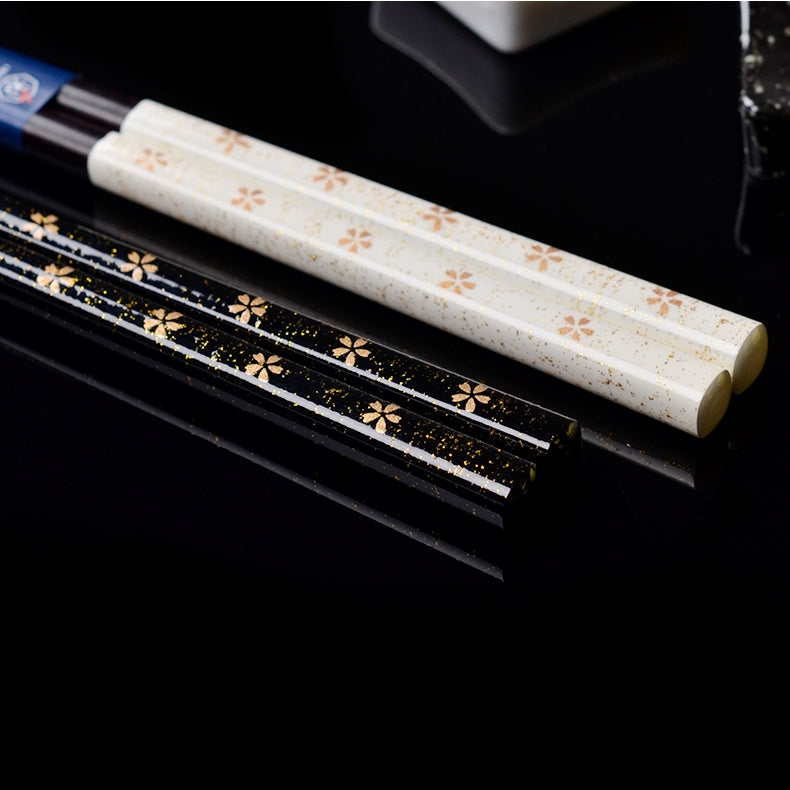 Wedding Chopsticks Gift Set | Golden Sakura Couple Black White