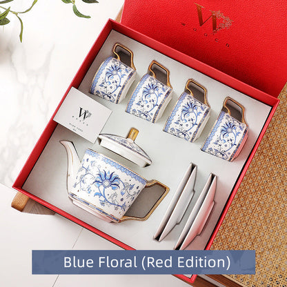 Tea Set Bone China Blue Floral Harmony Ceramic Teacup Saucer Teapot Wedding Gift Set Hand-Painted Floral