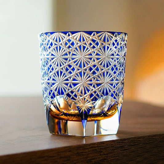 Whiskey Glass Edo Kiriko Blue Amber – Hand-Cut Japanese Tumbler with Wooden Box | Blue Chrysanthemum & Starry Sea