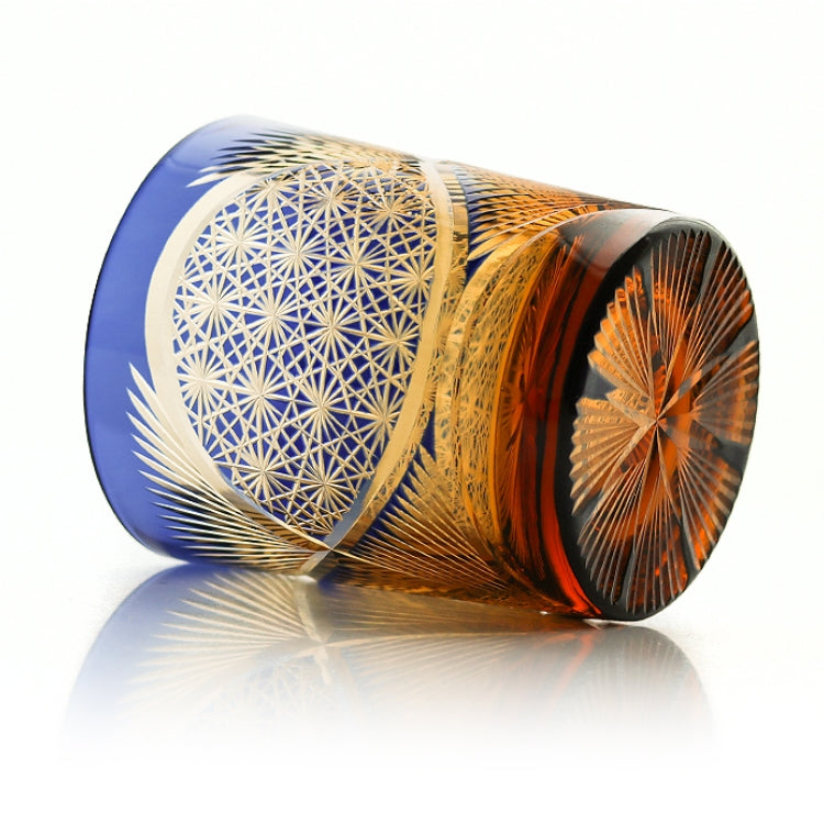 Whiskey Glass Edo Kiriko Crane Feather – Hand-Cut Japanese Tumbler with Wooden Box | 5 Amber Colors