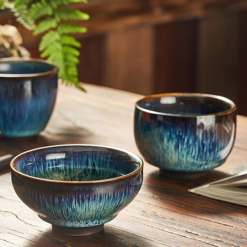 Blue Ceramic Tea Cup Japanese Gloss Glazed Short Tall Wide Styles