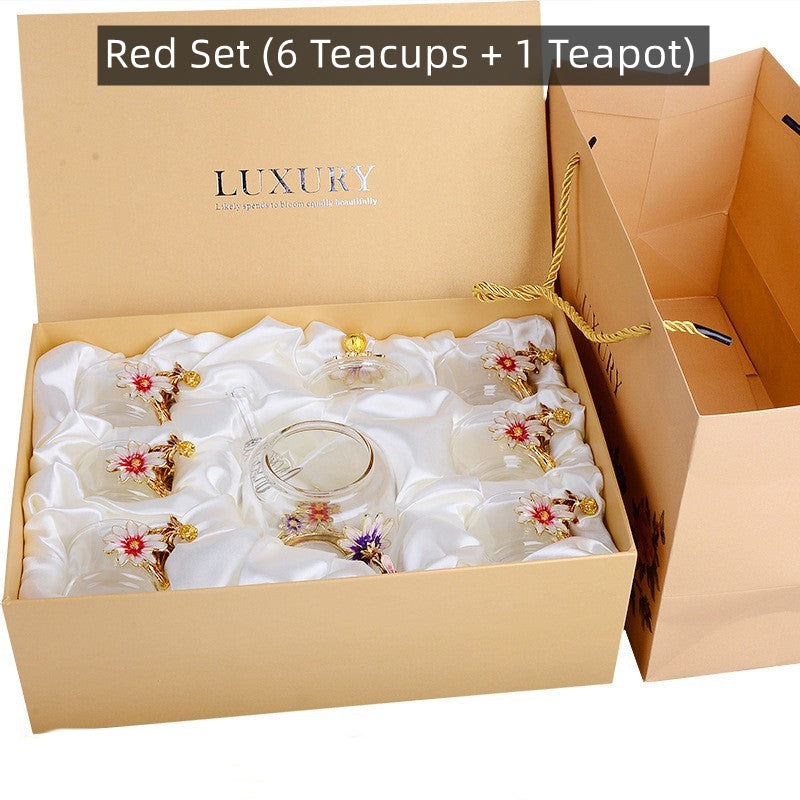 Glass Teapot & Cup Set – Metallic Floral 6 Cups Red Blue