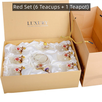 Glass Teapot & Cup Set – Metallic Floral 6 Cups Red Blue
